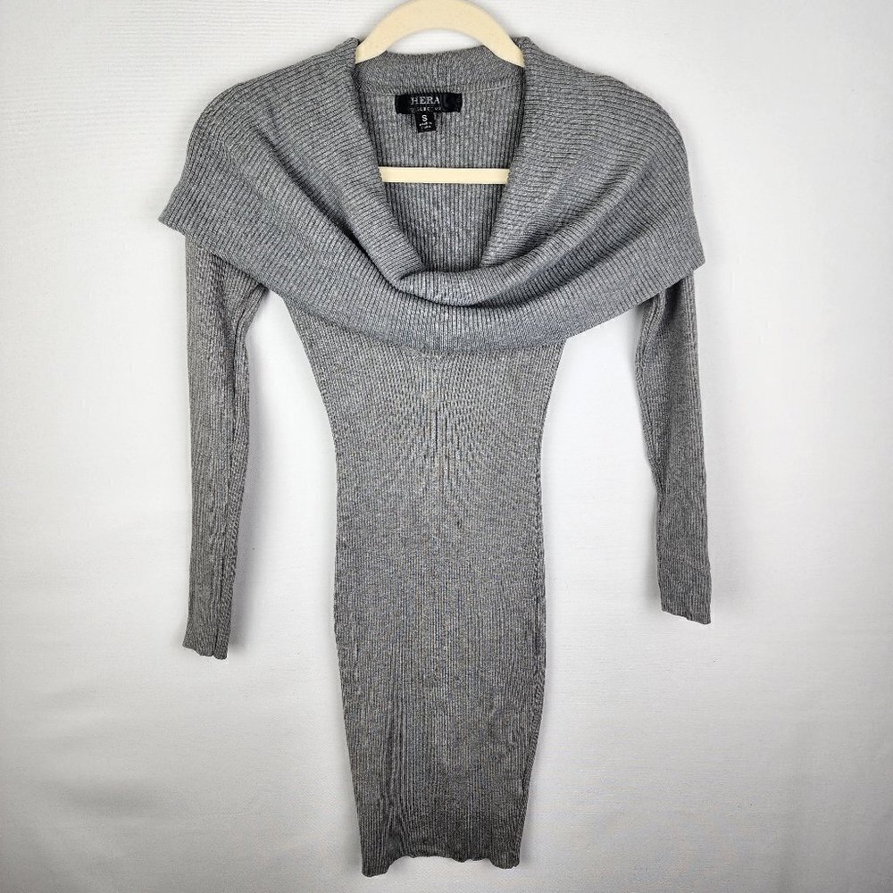 Hera Collection Gray Ribbed Cowl Neck Off Shoulder Sweater Dress Small 21220